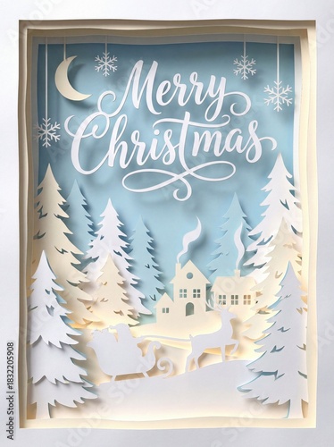 Paper Cut Christmas Village with Santa Sleigh 3D Craft Scene social media sharing compatible background