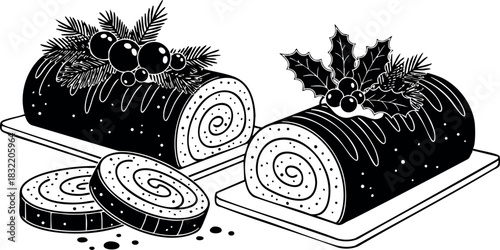 Monochrome line art christmas yule log cakes with holly berries, fir branches and sliced swiss roll pieces on boards in festive winter dessert vector style