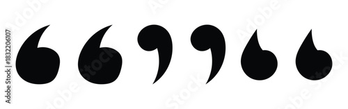  Flat comma silhouette icons set. Black dark isolated modern inverted commas icon set on white background. Modern vintage collection of quote. Set of different comas icons. EPS 10. 