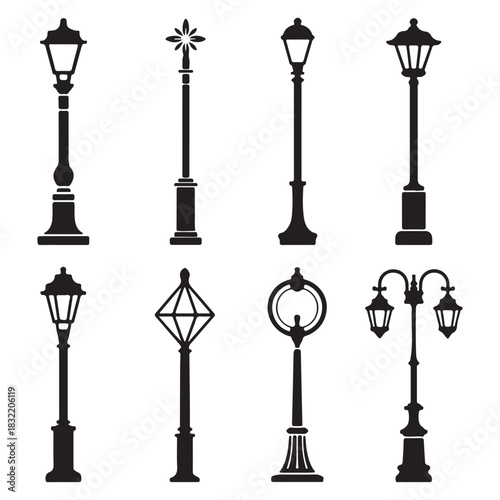 Set of decorative street light silhouettes vector design