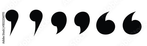 Set of different comas icons. Flat comma silhouette icons set. Black dark isolated modern inverted commas icon set on white background. Modern vintage collection of quote. EPS 10. 