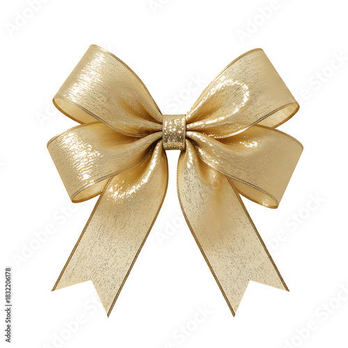 Golden bow with glitter texture, shiny festive ribbon, decorative element for gift wrapping on transparent background isolated