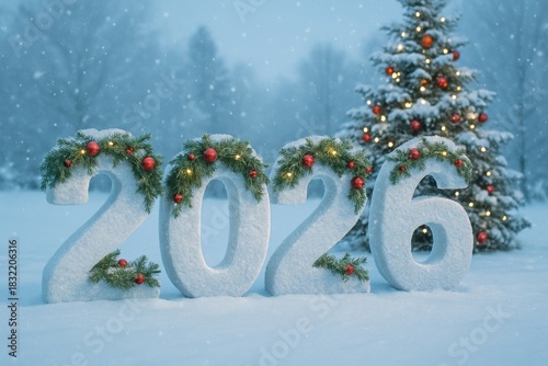 Snow-covered numbers 2026 decorated with greenery and New Year ornaments, Christmas tree in a winter landscape with falling snow
