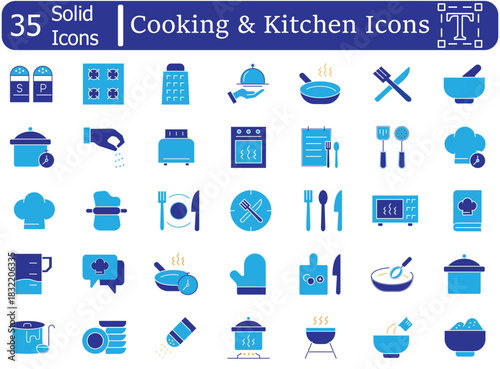 Cooking and Kitchen Icons Set. Food Preparation, Chef Hat, Utensils, and Culinary Tools Vector Glyphs. 35 Solid filled icons vector collection. Editable stroke. Vector illustration