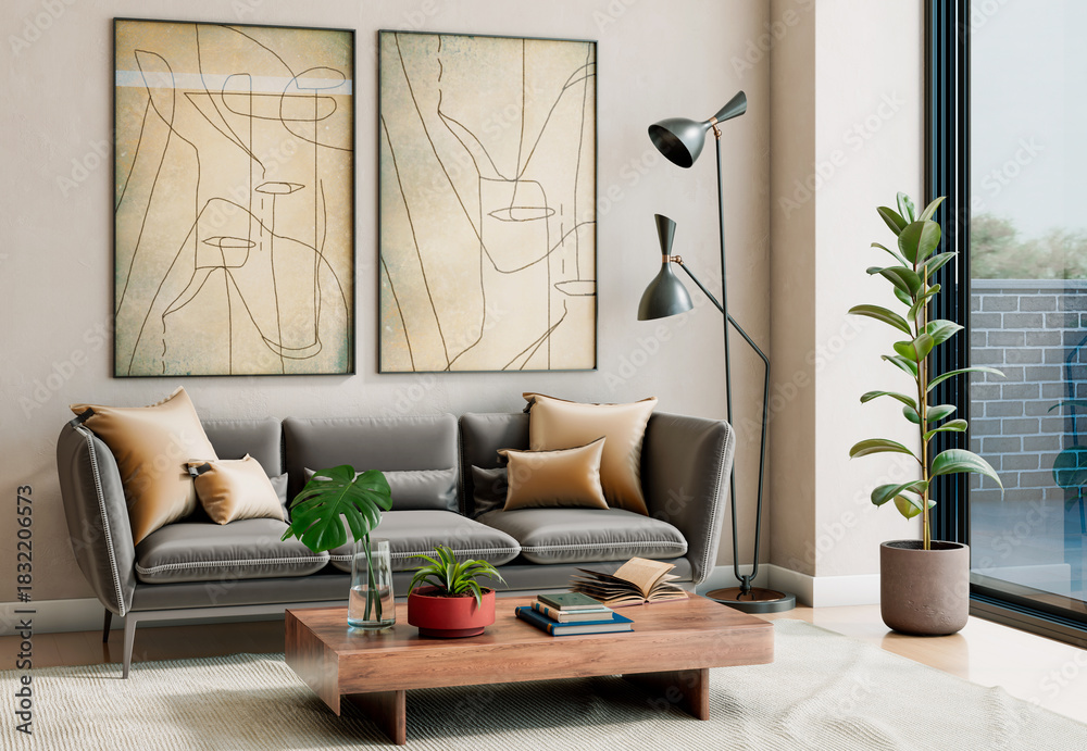 Fototapeta premium Large luxury modern bright interiors Living room mockup illustration 3D rendering image