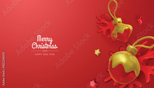 Happy New Year and Merry Christmas. Christmas holiday background with realistic 3d objects, bauble balls, conical metal stars, gift. Levitation falling design composition