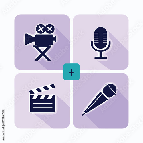 Film Production Icons: Camera, Microphone, Clapperboard, and Recording Microphone
