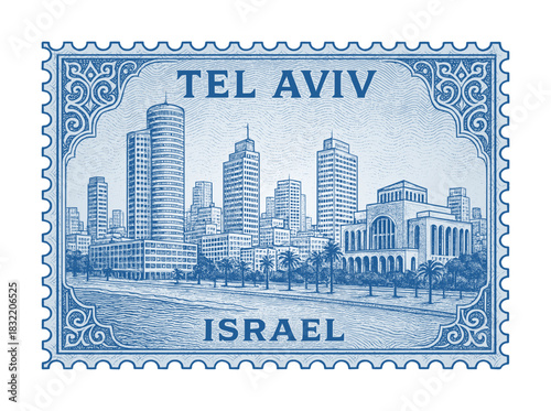 vintage postage stamp depicts tel aviv city - israel (sketch drawing)