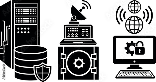 Minimalist flat design data center security icons with server rack, database shield, satellite vault and computer monitor showing padlock and gears, black and white technology vector set