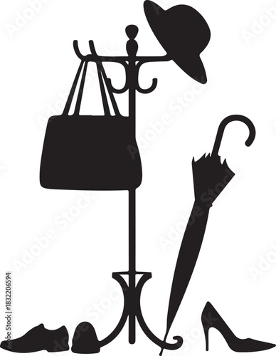 Silhouette of a coat stand with a handbag, hat, umbrella, and shoes, representing fashion accessories