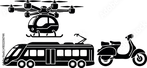Minimalist silhouette vector art of passenger drone, modern trolleybus and retro scooter side view trio in black monochrome transport icons set