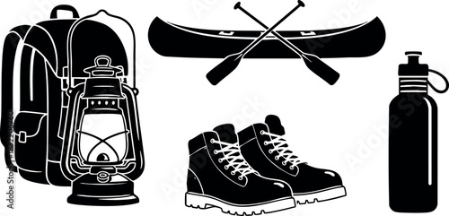 Bold flat design camping gear set with backpack and lantern, crossed canoe paddles, hiking boots and water bottle arranged on clean white background in monochrome silhouette style