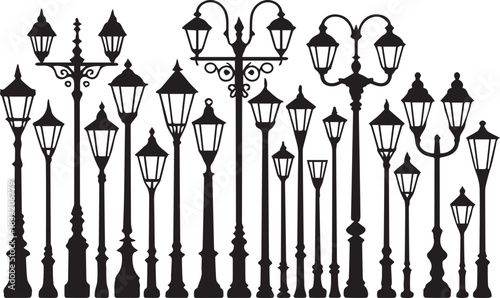 Collection of Antique Street Lamp Silhouettes Vector