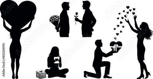 Romantic silhouette vector art showing couples exchanging hearts, flowers, and gifts, man proposing on one knee, woman throwing hearts upward, minimal black design on white background