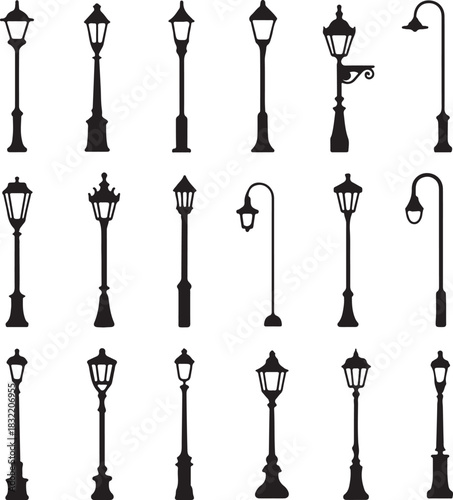 Collection of decorative street lamp vector silhouettes