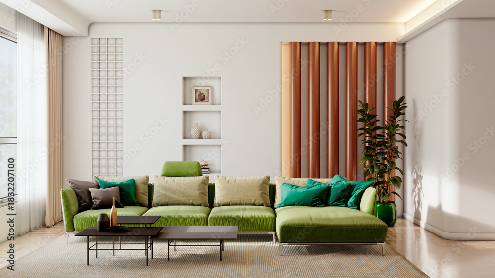 Fototapeta premium Large luxury modern bright interiors Living room mockup illustration 3D rendering image