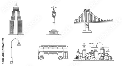 Iconic city landmarks in simple linear style featuring urban architecture and transport