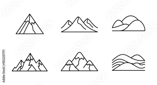Minimalist mountain icons set with simple geometric lines