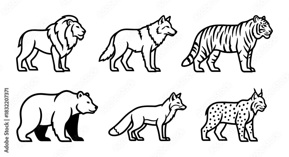 Fototapeta premium Stylized animal outlines: bold line art of wild creatures including lion, wolf, and tiger