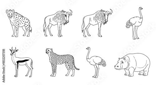 Wildlife silhouette collection: african animals in linear black and white art design