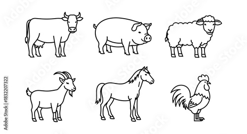 Minimalist outline farm animals set: cow, pig, sheep, goat, horse, chicken