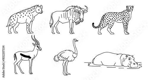 Safari animal collection with minimalist black and white style for nature and wildlife themed designs