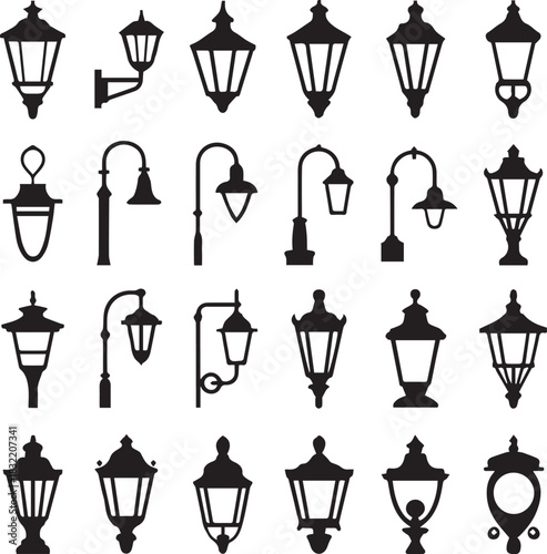 Collection of twenty street light black silhouettes