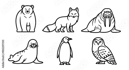 Black and white outline of arctic and forest animals in minimalist style