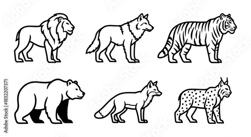Stylized animal outlines: bold line art of wild creatures including lion, wolf, and tiger