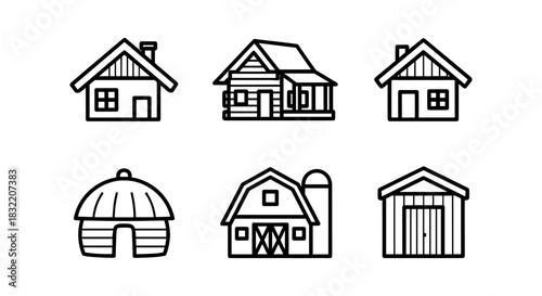 Minimalist line art of diverse house structures in black and white