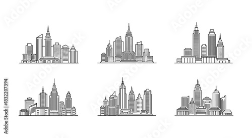 Linear cityscape set featuring modern urban skyline designs