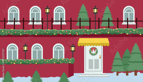 Festive Red Building Decorated for Christmas. Hotel exterior. Christmas coffee shop theme. Front door house. Luxury house.