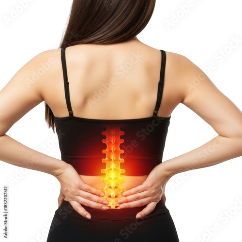 Woman experiencing lower back pain with highlighted spine isolated on transparent background