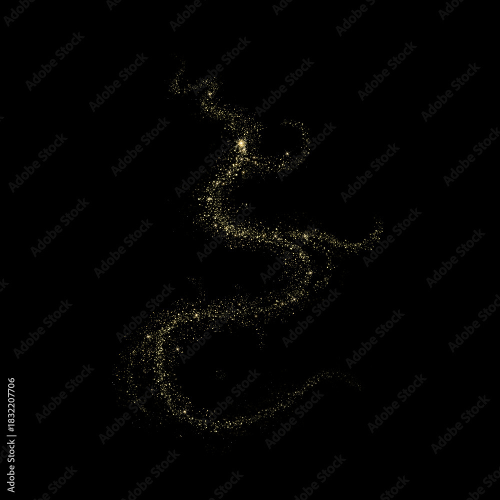 Fototapeta premium Whimsical golden dust trail on a black backdrop creates magic and festive feeling.