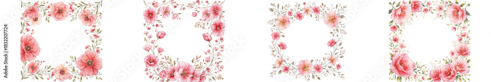 Fototapeta premium Four distinct delicate pink floral frames with green leaves each showcasing unique botanical artistry isolate