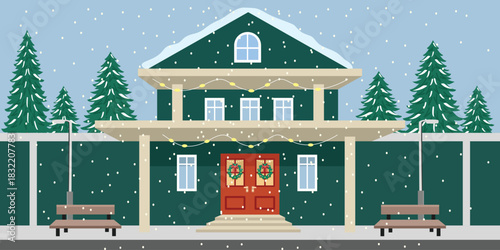 Festive Winter House with Snow and Christmas Decorations. Winter house architecture. Luxury winter house. 