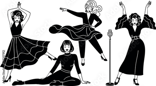 Retro cartoon flat design women dancing and singing in 1950s style outfits around vintage microphone, energetic performance poses on white background, bold black and white graphic mood