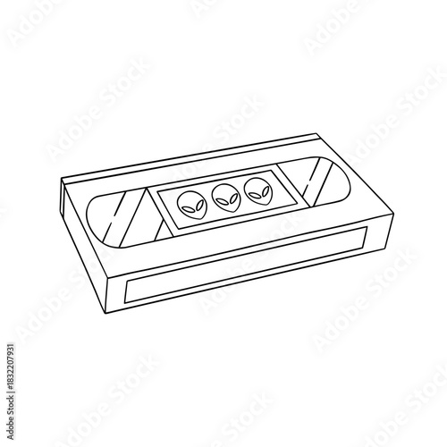 VHS videotape in hand drawn style. 80s. Movie about aliens. Retro