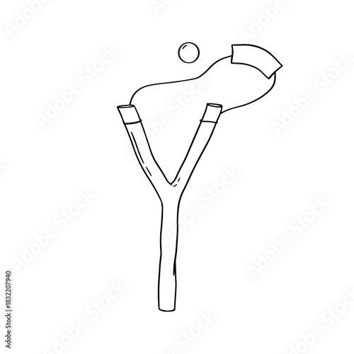 Wooden slingshot hand drawn line vector illustration isolated on white background