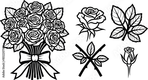 Bold tattoo flash style bouquet of roses with ribbon bow and separate rosebuds, leafy stems and branches in monochrome line art floral set