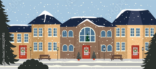 Festive Winter Street Scene with Buildings and Snowfall. Winter house. Christmas house. Castel in the winter. City road. 