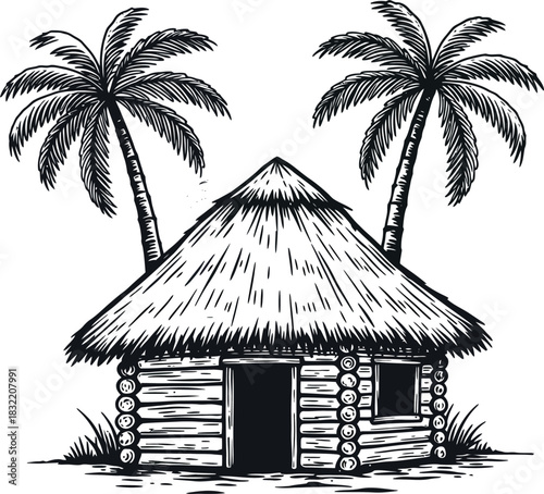 Rustic thatched roof hut with palm trees in a tropical island setting