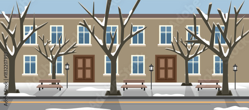 Winter City Street Scene with Snow-Covered Trees and Buildings. City pedestrian street. City park. Library. Winter house.