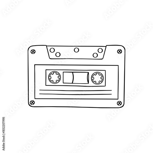 Music Tape. Hand drawn line 80s and 90s illustration isolated on white background. Retro audio cassette. Vintage Mixtape
