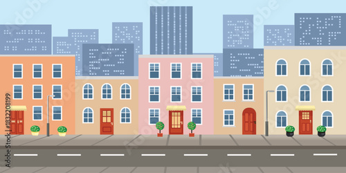 Colorful Urban Street with Residential Buildings and Cityscape. Landscape apartment. Resident area. Pedestrian street. Skyscraper building.