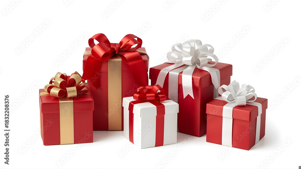 Obraz premium Christmas presents, christmas gifts, red, white, gold color scheme, modern design with ribbons, png, isolated on transparent background, perfect for design and marketing
