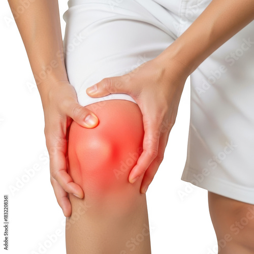 Person holding painful knee isolated on transparent background