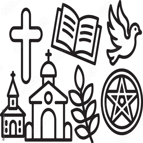 Illustration of collection of religious and spiritual symbols in black outline style including a christian cross, open bible, dove, church building, olive branch, and pentagram