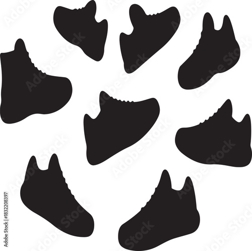 Illustration of collection of black silhouette icons representing various athletic shoe and sneaker designs scattered randomly on a