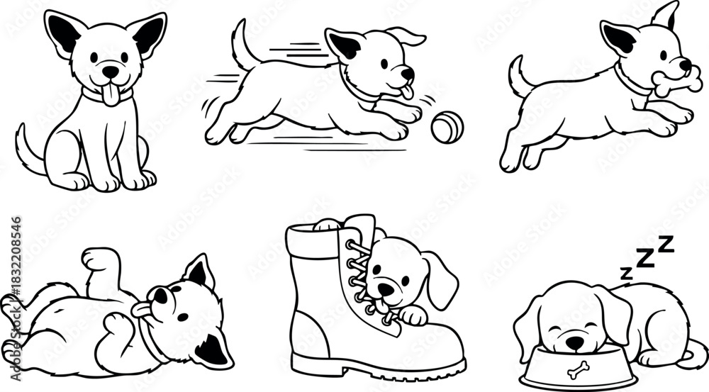 Fototapeta premium Cute line art puppies in six playful poses including running with ball, chewing bone, hiding in boot, sleeping in bowl, cartoon vector set for kids coloring pages